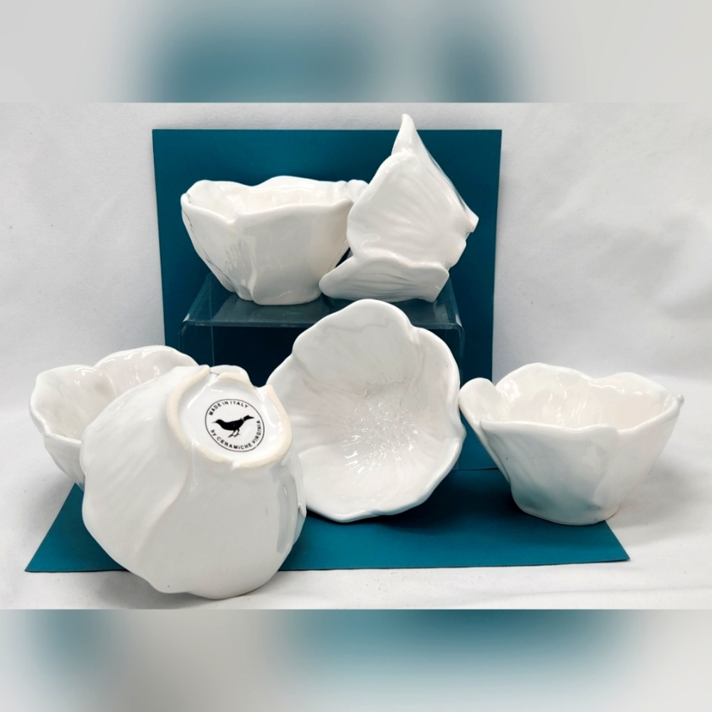 6 Vintage Ceramiche Virginia Italy White, poppy petal dessert,appetizers servers